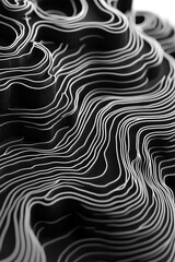 Fototapete - Abstract grayscale topographic lines forming a wavy, undulating landscape.