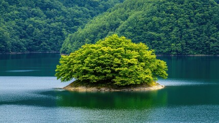 Wall Mural - Lush Green Island Surrounded by Tranquil Lake in Pristine Forest Landscape