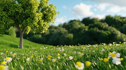 Canvas Print - Lush Green Meadow with Blooming Flowers Under Vibrant Cloudscape