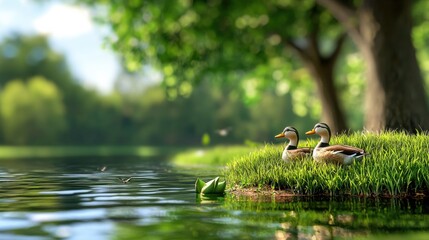 Poster - Tranquil Pond with Ducks Floating Amidst Lush Greenery and Reflections in the Water