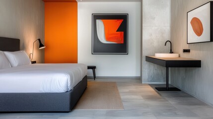 Wall Mural - Elegant Minimalist Bedroom with Modern Decor and Lighting