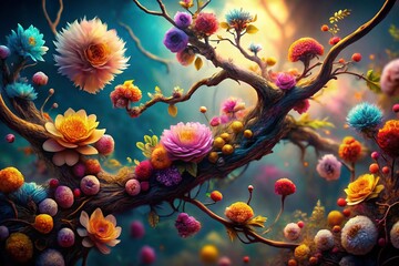 Wall Mural - Surreal Flower Branch: Dreamlike Furry Petals & Twisted Branches