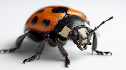 A close-up of a vibrant ladybug with orange and black patterns, showcasing its intricate details.