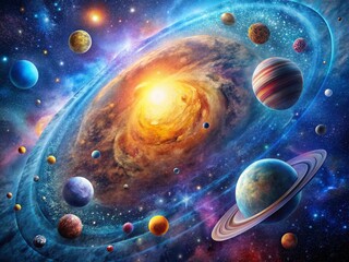 Wall Mural - surreal top-down animation of solar system: planets & stars in cosmic dance