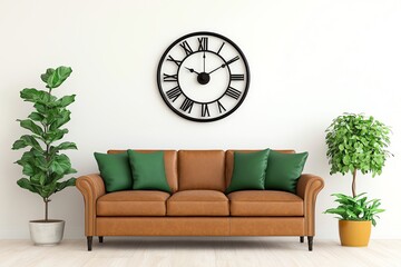 A stylish living room featuring a brown sofa with green cushions, two potted plants, and a large black wall clock, creating a cozy ambiance.