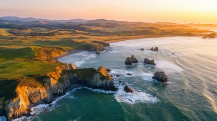 Wall Mural - Breathtaking Coastal Landscape at Sunset with Rugged Cliffs and Crashing Waves on the Pacific Ocean