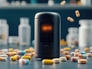 Concept of tracking innovation in healthcare technology. A sleek black device surrounded by colorful pills and capsules, suggesting a modern approach to health and wellness.