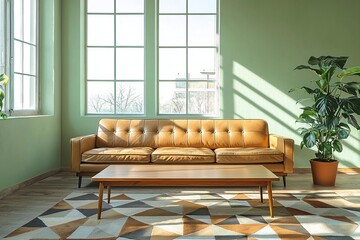 Minimalist, midcentury modern interior design in the living room with green finished walls and brown leather sofas and wood tables. Generative AI
