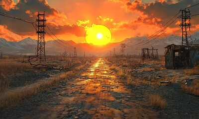 Wall Mural - A sunset over a desolate road, framed by mountains and power lines.