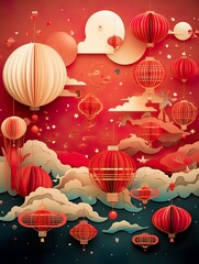 Wall Mural - 3d paper cut invitation card paper cut style for chinese new year in festival lantern illustration p