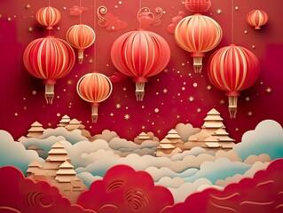 Wall Mural - 3d paper cut invitation card paper cut style for chinese new year in festival lantern illustration p