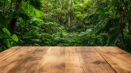 Wall Mural - rustic wooden table with smooth surface is set against lush green jungle backdrop, creating serene and inviting atmosphere. vibrant foliage enhances natural beauty of scene