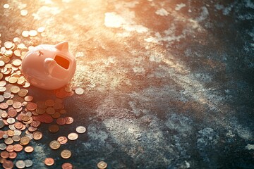 A pink piggy bank with coins and a single coin next to it representing savings and wealth