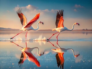 Wall Mural - Two Flamingos Taking Flight Over Calm Water with Reflections - Elegant Fashion Photography