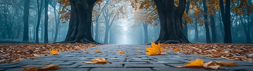 Wall Mural - a serene autumn pathway lined with trees, showcasing fallen leaves and a misty ambiance, inviting tr