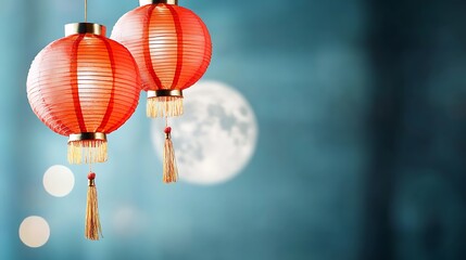 Wall Mural - Enchanting red paper lanterns with delicate golden tassels gently swaying in the night sky creating a serene and atmospheric scene against the backdrop of a softly lit full moon