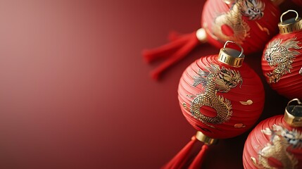 Wall Mural - Glowing Red Chinese Paper Lanterns with Intricate Golden Dragon Designs Hanging as Part of a Traditional Festive or Holiday Event