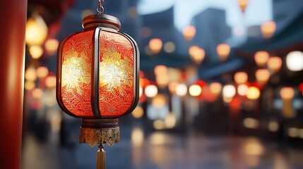 Wall Mural - Glowing red lanterns with ornate gold trims hanging in a vibrant Asian festival setting creating an enchanting and serene atmosphere on the city streets