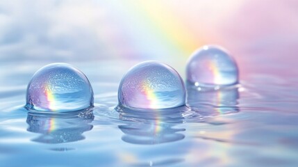 Sticker - Three water droplets reflecting a rainbow on calm water.