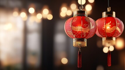 Wall Mural - Hanging red Chinese lanterns with glowing dragon patterns illuminating a night of traditional lunar festival or cultural event  Festive with oriental style and auspicious symbols