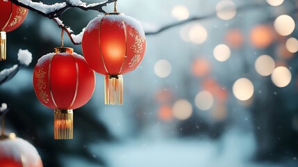 Wall Mural - Red Chinese lanterns hanging from tree branches and glowing in a serene snow covered garden at night  The festive creates a cozy atmospheric scene for a winter holiday