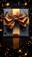 Wall Mural - A beautifully wrapped gift box with a golden ribbon and sparkles, perfect for celebrations.