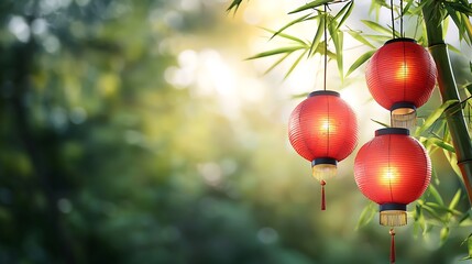 Wall Mural - Vibrant red lanterns gracefully hanging among the lush bamboo trees in a serene and peaceful moonlit grove creating a captivating and atmospheric scene of oriental culture and tradition