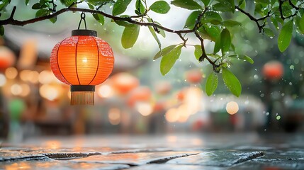 Wall Mural - Vibrant red lanterns hanging from branches and illuminating a cobblestone market street at night creating a festive and atmospheric ambiance during a traditional cultural or festival