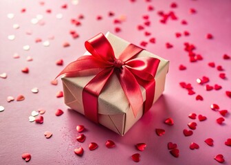 Wall Mural - Valentine's Day Gift Box: Red Ribbon Bow, Confetti Hearts on Pink