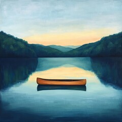 Naklejka na meble Tranquil Canoe on Calm Lake Surrounded by Lush Green Mountains