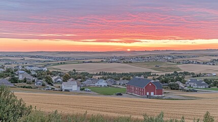 Wall Mural - Panoramic view of a small town at sunrise over a golden wheat field, with a red barn and residential houses.