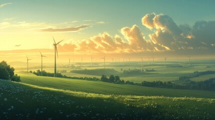 Wall Mural - Panoramic view of a wind farm on a rolling green landscape at sunrise with fluffy clouds.