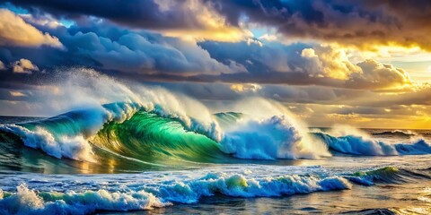 Poster - Vast Ocean Panorama: Dramatic Waves Crashing on Shore, Copy Space Left