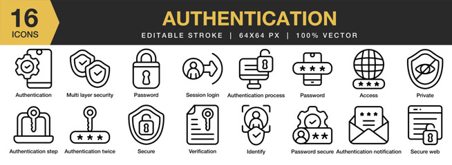 Authentication icon set. Editable Stroke Icon Collection. Includes Cyber, Security, Protection, Shields, 2fa, Authentication, Procedure, and More. Outline icons vector collection.