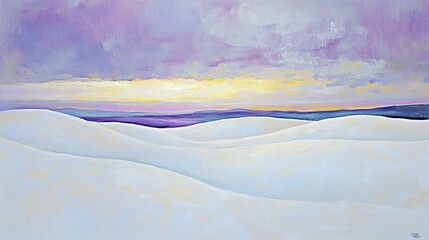 Wall Mural - Pastel landscape painting of snow-capped hills at sunrise or sunset with a vibrant purple and gold sky.