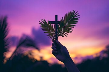Wall Mural - Silhouette of hand holding palm leaves and cross with purple sky background. Lent, Holy Week, Palm Sunday and Good Friday Concept. 