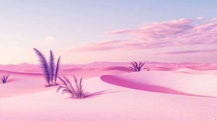 Sticker - Pastel pink desert landscape at sunrise with small plants and a moon.