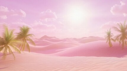 Wall Mural - Pastel pink desert landscape with palm trees at sunrise. (1)