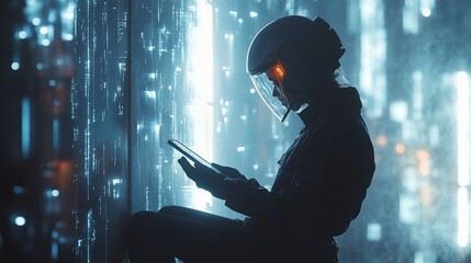 Wall Mural - Futuristic woman in helmet using tablet in neon-lit digital environment.