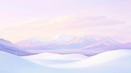 Sticker - Pastel winter landscape with snow-capped mountains and soft light.