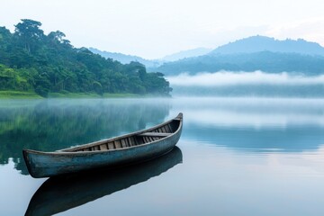 Naklejka na meble Tranquil Canoe on Calm Lake Surrounded by Misty Mountains