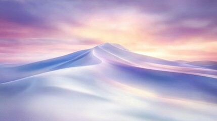 Sticker - Pastel-toned, surreal landscape of snow-capped dunes at sunrise. Soft, blended colors create a serene, dreamlike atmosphere.