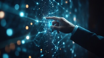 Wall Mural - Hand interacting with digital network interface.