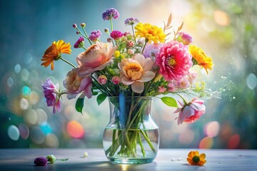 Wall Mural - Vibrant Floral Double Exposure: Fresh Bouquet in Glass Vase