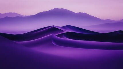 Wall Mural - Purple sand dunes at sunrise, misty mountains in the background.