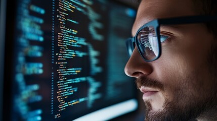 Portrait of a software developer concentrating on a computer screen with coding reflections in glasses.