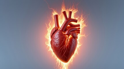 Wall Mural - Burning heart. Red heart at flame. Heart on fire emoji, icon, symbol. Red burning heart with fire on isolated background.