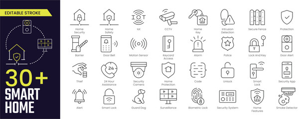 smart home stroke icon collections. containing alarm, surveillance, lock, cctv, thief, key, intrusio