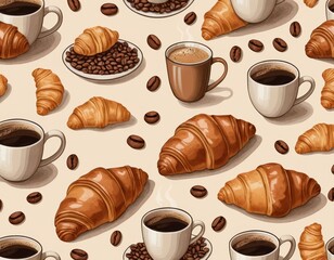 Wall Mural - Delicious Croissant and Coffee Seamless Pattern: A Watercolor Breakfast Illustration