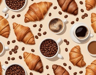 Wall Mural - Delicious Croissants and Coffee Beans Pattern: A Flat Lay Food Photography Background